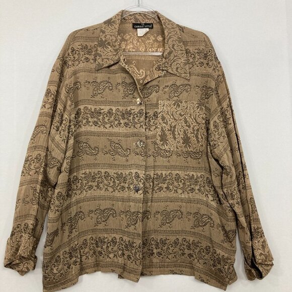 Vintage Carole Little size 12 Brown Abstract Soft Long Sleeve Relaxed Button Up - Picture 1 of 10
